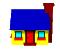A 3D model of a yellow house with a blue roof rotating.